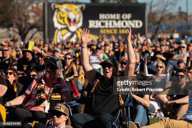 Fans react as they watch the Elimination Final AFL match between the Port Adelaide Power and the Richmond Tigers at ME Bank Centre on September 7,...