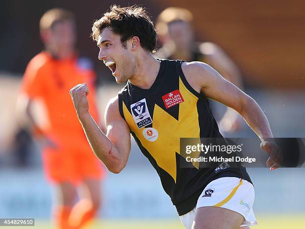 Jackson Davis celebrates a goal during the VFL Semi Final match between Williamstown and Werribee at North Port Oval on September 7, 2014 in...