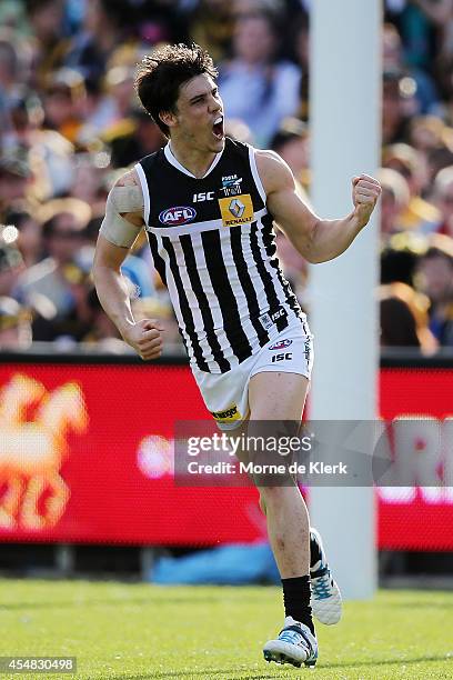 Angus Monfries of the Power celebrates after kicking a goal during the First Elimination Final match between the Port Adelaide Power and the Richmond...