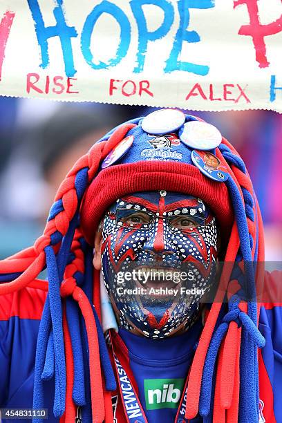 Knights fan shows their support during the round 26 NRL match between the Newcastle Knights and the St George Illawarra Dragons at Hunter Stadium on...