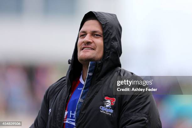 Willie Mason of the Knights watches on during the round 26 NRL match between the Newcastle Knights and the St George Illawarra Dragons at Hunter...