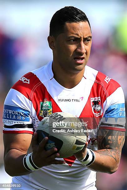 Benji Marshall of the Dragons warms up before the game during the round 26 NRL match between the Newcastle Knights and the St George Illawarra...