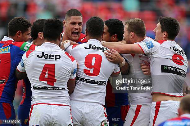 Willie Mason of the Knights during an altercation with the Dragons during the round 26 NRL match between the Newcastle Knights and the St George...