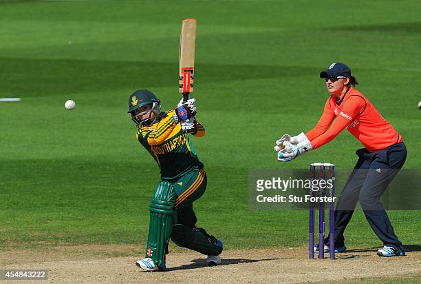 Sarah Taylor looks on as South Africa batsman Mignon du Preez hits out during the Third NatWest Womens T20 International between England and South...