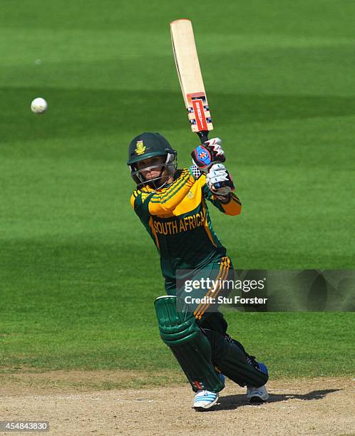 South Africa batsman Mignon du Preez hits out during the Third NatWest Womens T20 International between England and South Africa at Edgbaston on...