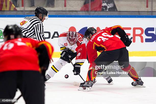 Face-off between Niklas Fogstrom of Lulea Hockey and Brandon Benedict of Nottingham Panthers during the Champions Hockey League group stage game...