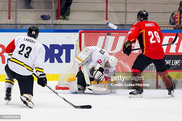 Daniel Zaar of Lulea Hockey shoots goal on Craig Kowalski Goaltender of Nottingham Panthers during the Champions Hockey League group stage game...