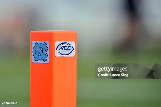 Field marker with the North Carolina and ACC logo is seen during a game between the San Diego State Aztecs and the North Carolina Tar Heels on...