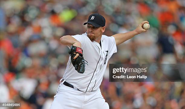 Phil Coke of the Detroit Tigers pitches during the ninth inning of the game against the San Francisco Giants at Comerica Park on September 6, 2014 in...