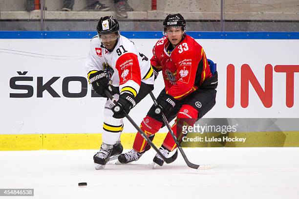 Nathan Robinson of Nottingham Panthers and Andreas Hjelm of Lulea Hockey during the Champions Hockey League group stage game between Lulea Hockey and...