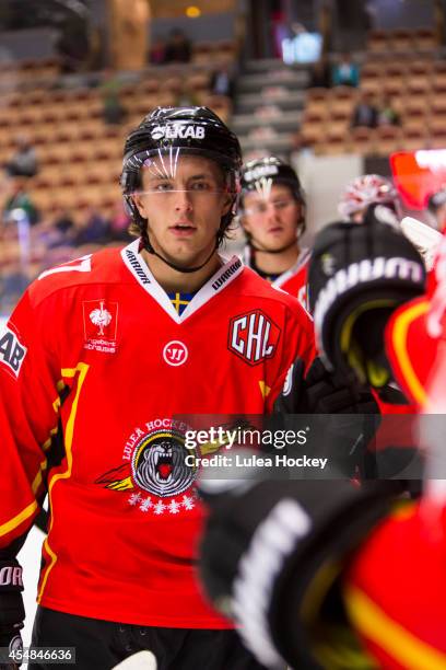 Daniel Zaar of Lulea Hockey looks happy after the second goal during the Champions Hockey League group stage game between Lulea Hockey and Nottingham...