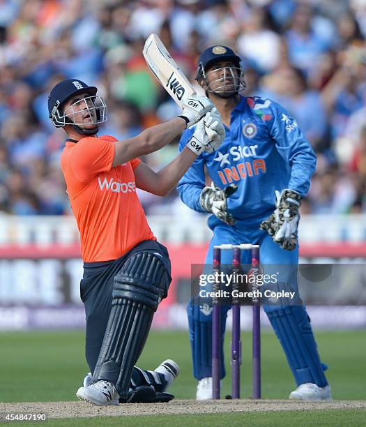 Alex Hales of England hits out for six runs during the NatWest International T20 between England and India at Edgbaston on September 7, 2014 in...