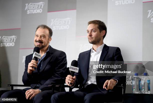 Director Edward Zwick and actor Tobey Maguire speak at the Variety Studio presented by Moroccanoil at Holt Renfrew during the 2014 Toronto...