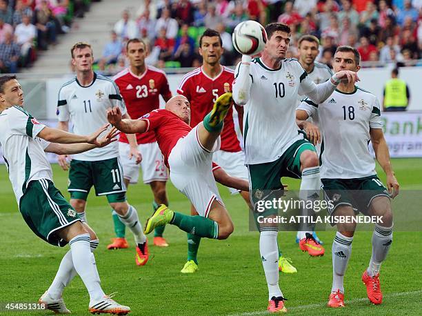 Hungary's midfielder Jozsef Varga vies for the ball with North Ireland's forward Kyle Lafferty during the UEFA Euro 2016 Group F qualifying match...