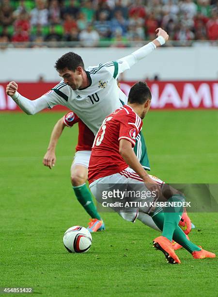 North Ireland's forward Kyle Lafferty vies for the ball with Hungary's forward Adam Gyurcso during the UEFA Euro 2016 Group F qualifying match...
