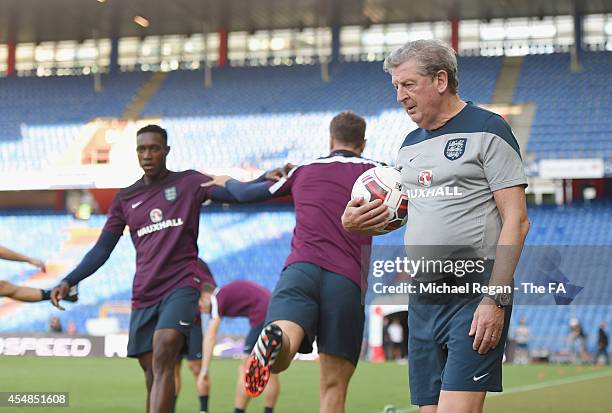 England manager Roy Hodgson looks onl during the England training session at St. Jakob-Park on September 7, 2014 in Basel, Basel-Stadt.