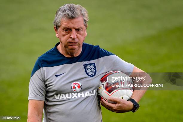 England's manager Roy Hodgson attends a training session at the St. Jakob-Park stadium in Basel on September 7, 2014 on the eve of the UEFA Euro 2016...