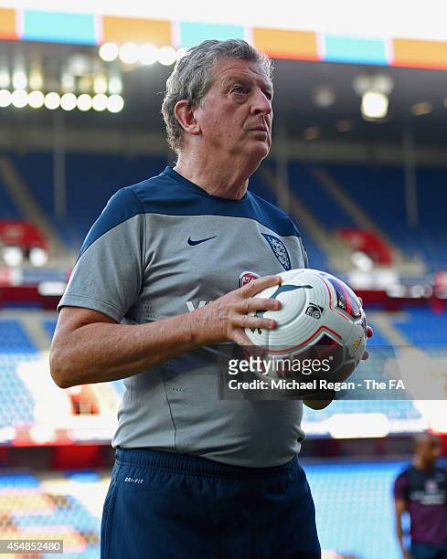England manager Roy Hodgson looks on during the England training session at St. Jakob-Park on September 7, 2014 in Basel, Basel-Stadt.