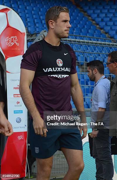 Jordan Henderson of England ahead of the England training session at St. Jakob-Park on September 7, 2014 in Basel, Basel-Stadt.