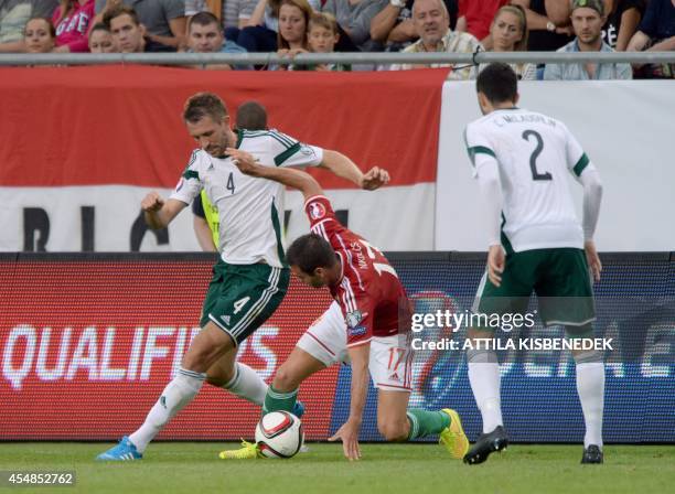 Northern Ireland's defender Gareth McAuley and defender Conor McLaughlin vies for the ball with Hungary's forward Nemanja Nikolic during a...