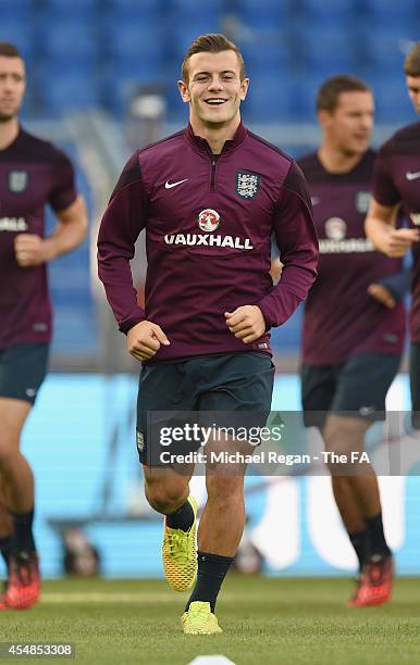 Jack Wilshere warms up ahead of the England training session at St. Jakob-Park on September 7, 2014 in Basel, Basel-Stadt.