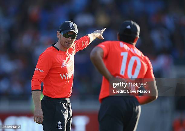 Eoin Morgan of England sets the field during the last over during the NatWest International T20 2014 match between England and India at Edgbaston on...