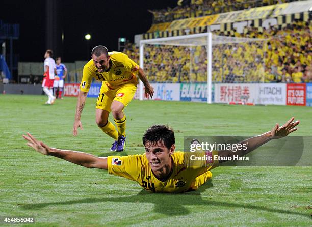 Eduardo, whose real name is Carlos Eduardo Bendini Giusti of Kashiwa Reysol celebrates scoring his team's third goal during the J.League Yamazaki...