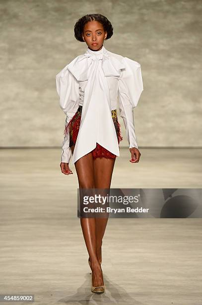 Model walks the runway at the David Tlale fashion show during Mercedes-Benz Fashion Week Spring 2015 at The Pavilion at Lincoln Center on September...