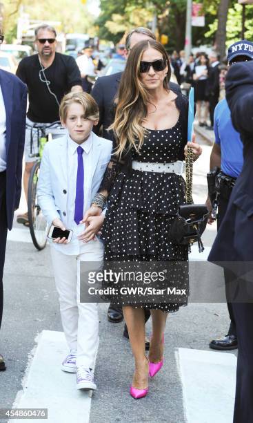 Actress Sarah Jessica Parker and her son, James Wilkie Broderick are seen on September 7, 2014 at Joan River's Funeral in New York City.