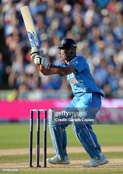 Mahendra Singh Dhoni of India bats during the NatWest International T20 between England and India at Edgbaston on September 7, 2014 in Birmingham,...