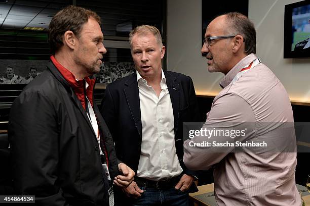 Holger Osieck, Stefan Reuter and Juergen Kohler attend the 'Club Of Former National Players' meeting prior to the EURO 2016 qualifier match between...