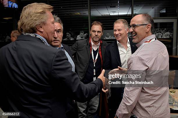 Harald Strutz, Helmut Sandrock, Holger Osieck, Stefan Reuter and Juergen Kohler attend the 'Club Of Former National Players' meeting prior to the...