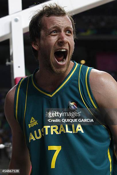 Australia's guard Joe Ingles reacts during the 2014 FIBA World basketball championships round of 16 match Turkey vs Australia at the Palau Sant Jordi...