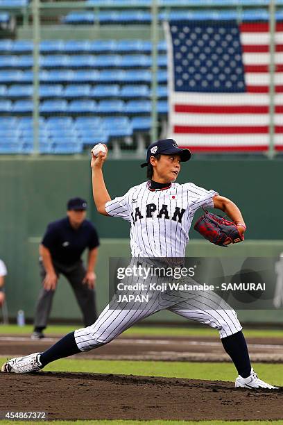 Stating Pitcher Ayami Sato of Japan pitches during the IBAF Women's Baseball World Cup Final game between Japan and USA at Sun Marine Stadium on...