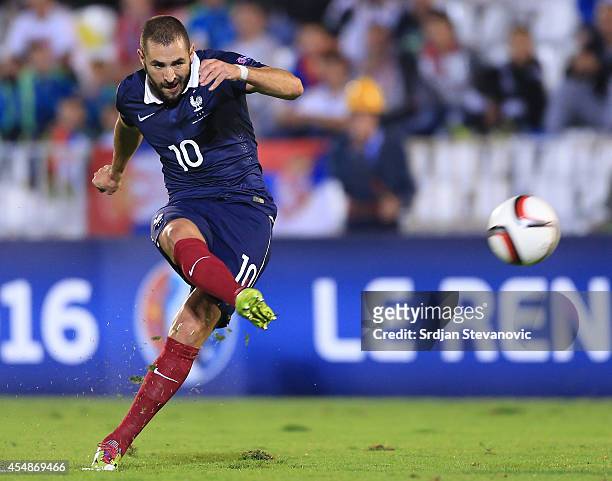 Karim Benzema of France in action during the International friendly match between Serbia and France at the Stadium JNA on September 07, 2014 in...