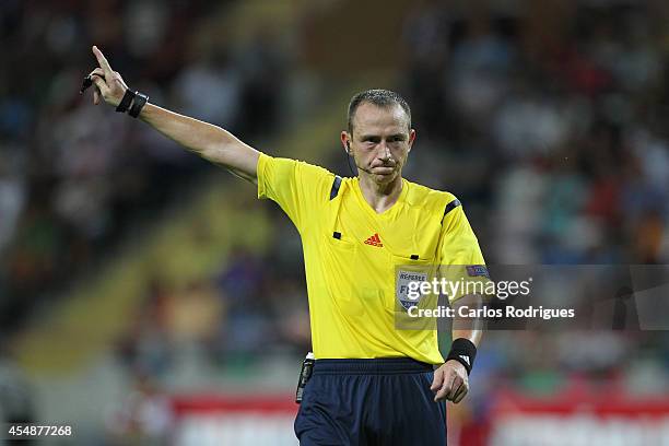 Referee Ruddy Buquet during the EURO 2016 qualification match between Portugal and Albania at Estadio de Aveiro on September 7, 2014 in Aveiro,...