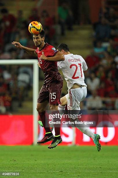 Portugal midfielder Andre Gomes battles Albania forward Odise Roshi during the EURO 2016 qualification match between Portugal and Albania at Estadio...