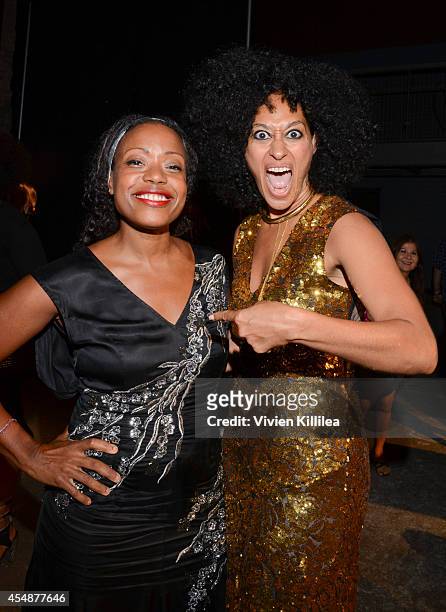 Fashion designer Tracy Reese and actress Tracee Ellis Ross backstage at the Tracy Reese fashion show during Mercedes-Benz Fashion Week Spring 2015 at...