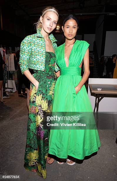 Models pose backstage at the Tracy Reese fashion show during Mercedes-Benz Fashion Week Spring 2015 at Art Beam on September 7, 2014 in New York City.