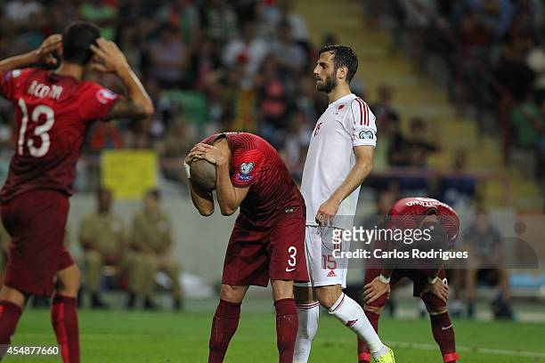 Portugal defender Pepe reacts after Albania goal during the EURO 2016 qualification match between Portugal and Albania at Estadio de Aveiro on...
