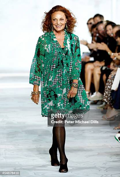 Designer Diane von Furstenberg appears on the runway at the Diane Von Furstenberg fashion show during Mercedes-Benz Fashion Week Spring 2015 at...