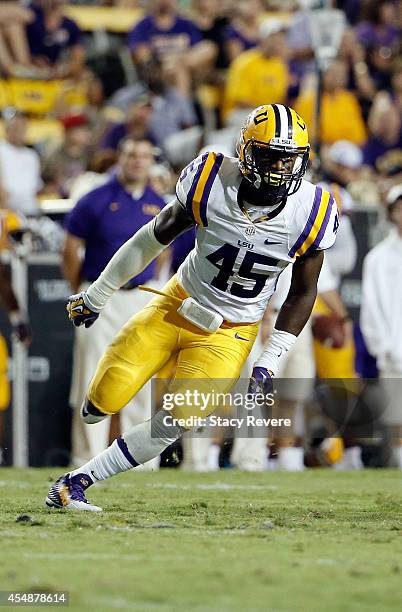 Deion Jones of the LSU Tigers rushes the passer during the third quarter of a game against the Sam Houston State Bearkats at Tiger Stadium on...