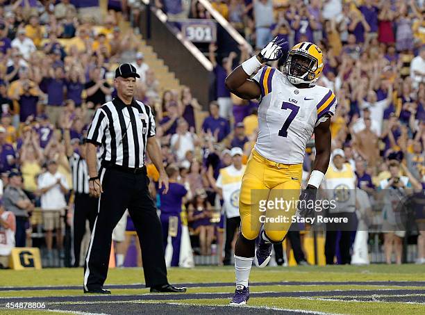 Leonard Fournette of the LSU Tigers reacts to a touchdown during the first quarter of a game against the Sam Houston State Bearkats at Tiger Stadium...