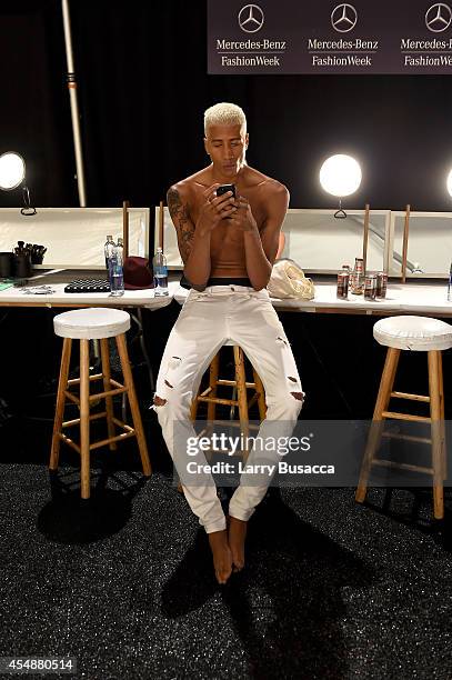 Model prepares backstage at the Etxeberria fashion show during Mercedes-Benz Fashion Week Spring 2015 at The Pavilion at Lincoln Center on September...