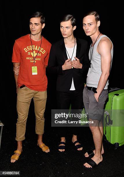 Models prepare backstage at the Etxeberria fashion show during Mercedes-Benz Fashion Week Spring 2015 at The Pavilion at Lincoln Center on September...