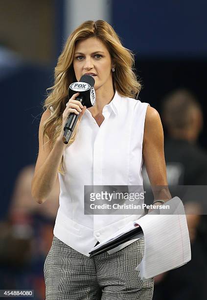 Fox reporter Erin Andrews works the sidelines during the NFL game between the San Francisco 49ers and the Dallas Cowboys at AT&T Stadium on September...