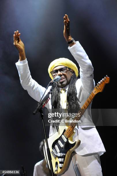 Nile Rodgers of Chic headlines on the main stage during the final day of Bestival 2014 at Robin Hill Country Park on September 7, 2014 in Newport,...