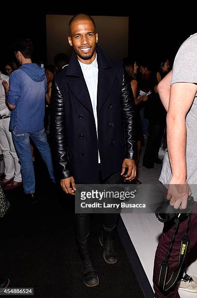 Actor Eric West attends the Vivienne Tam fashion show during Mercedes-Benz Fashion Week Spring 2015 at The Theatre at Lincoln Center on September 7,...