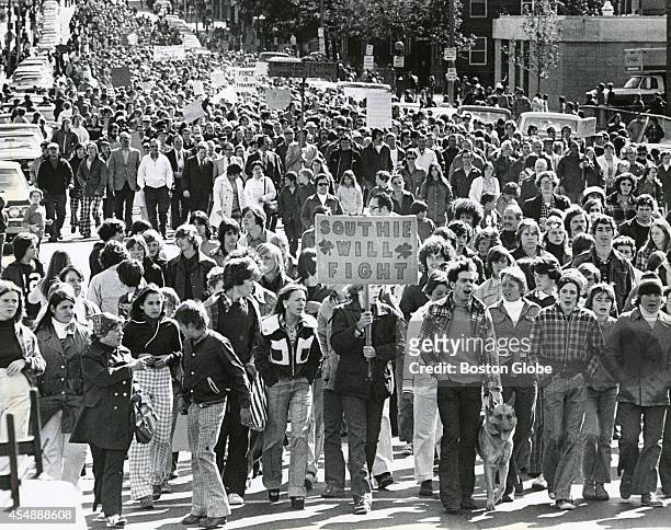 Protesters participate in an anti-busing march in South Boston on Oct. 4, 1974. An initiative to desegregate Boston Public Schools was implemented in...