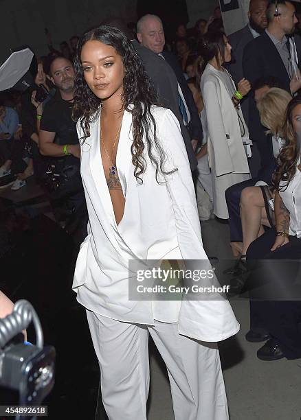 Rihanna attends Edun during Mercedes-Benz Fashion Week Spring 2015 at Skylight Modern on September 7, 2014 in New York City.